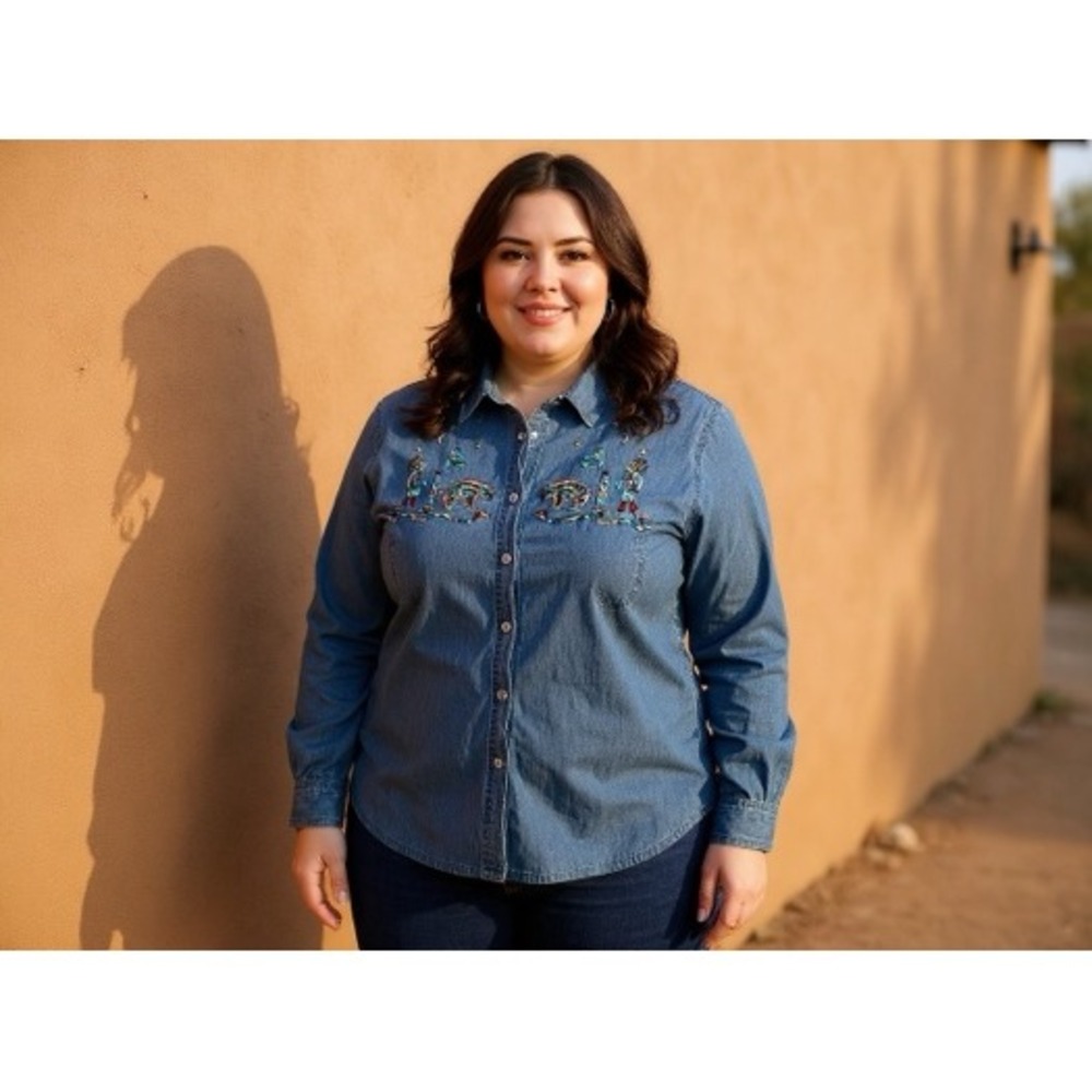 Passion-i Denim Shirt Women 3X Embroidered vintage southwestern button‎ up shirt